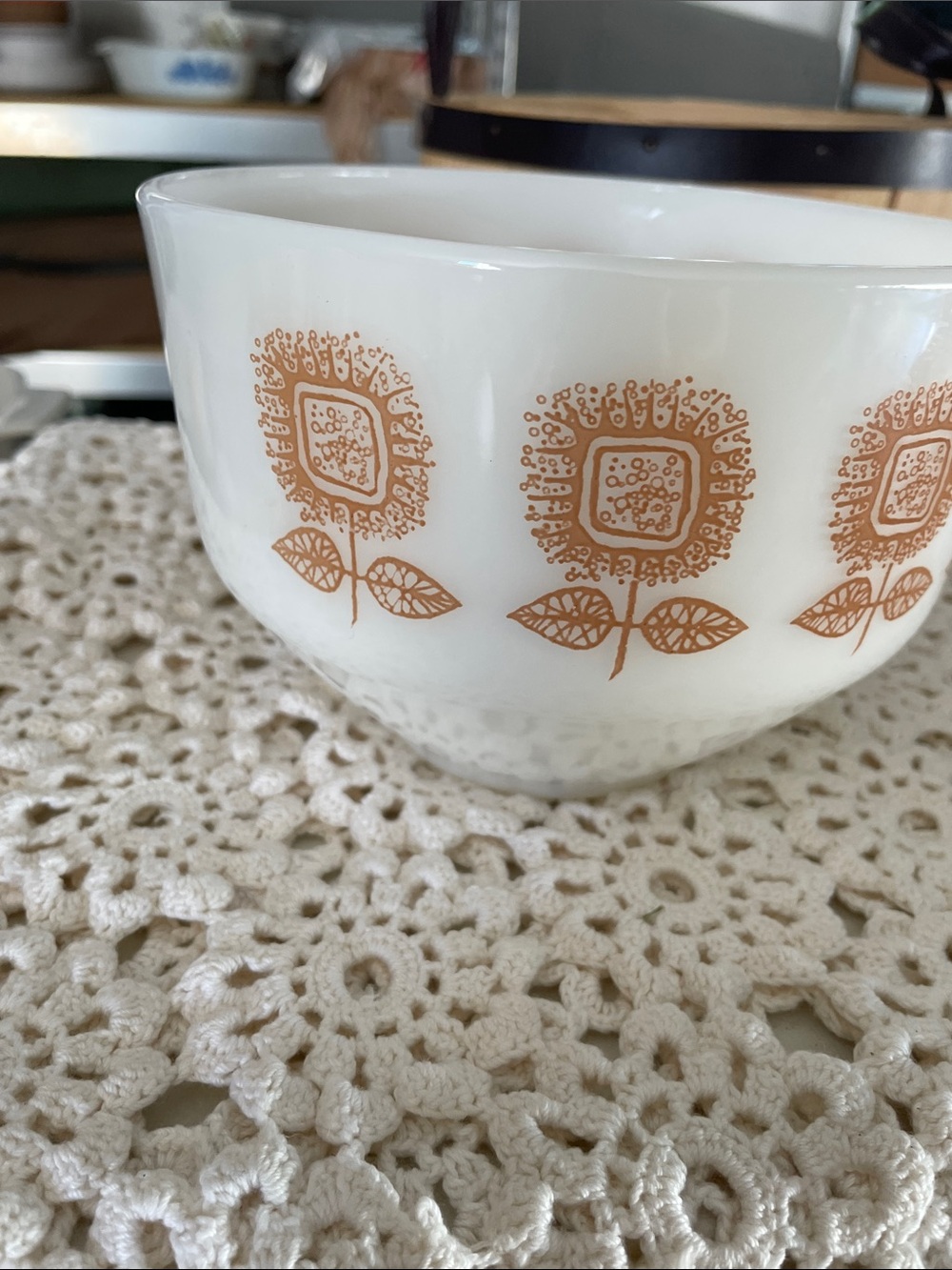 Vintage Federal Glass White Ceramic Bowl with Orange Floral 1.5 qt